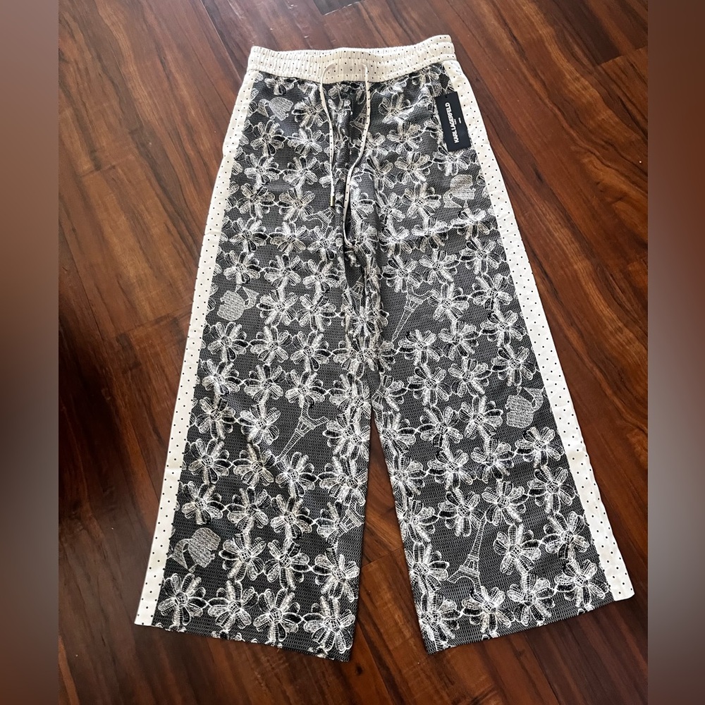 New Karl Lagerfeld Black & White Floral Mesh Wide-Leg Kids Pants size S - Picture 4 of 8